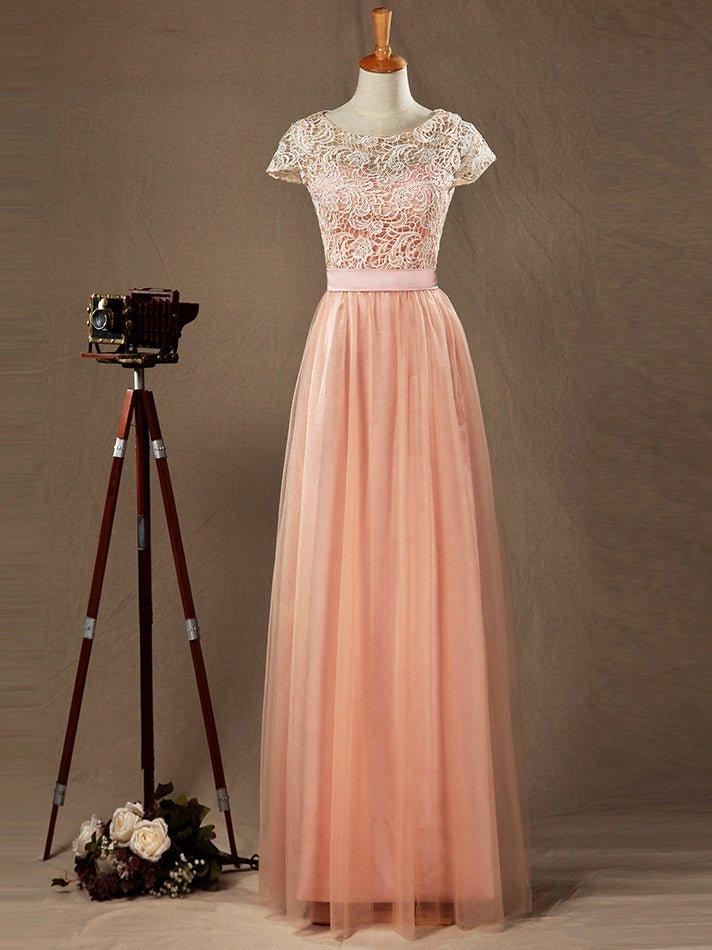 Numbersea Lace mix Tulle Bridesmaid Dress Jewel Neck A-line Short Sleeves Evening Dress