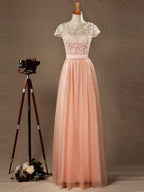 Numbersea Lace mix Tulle Bridesmaid Dress Jewel Neck A-line Short Sleeves Evening Dress