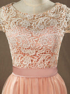 Numbersea Lace mix Tulle Bridesmaid Dress Jewel Neck A-line Short Sleeves Evening Dress