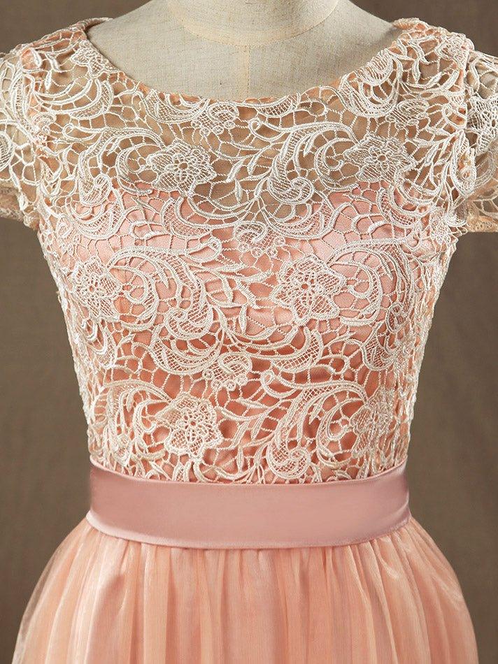 Numbersea Lace mix Tulle Bridesmaid Dress Jewel Neck A-line Short Sleeves Evening Dress