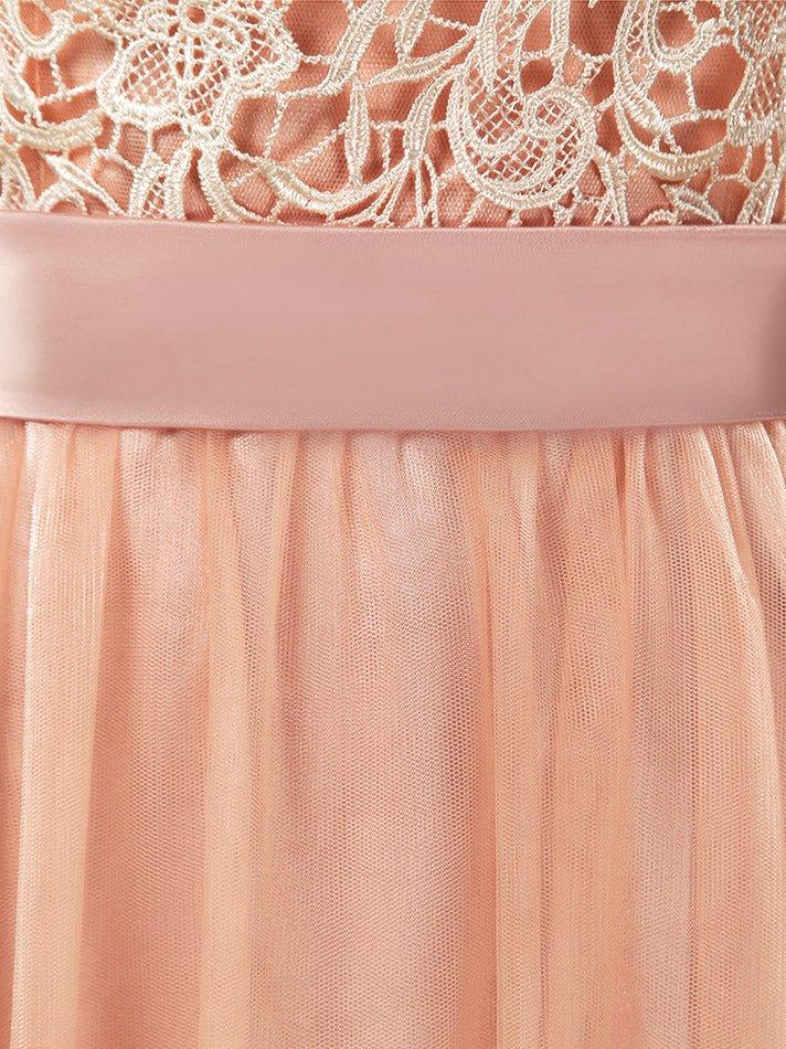 Numbersea Lace mix Tulle Bridesmaid Dress Jewel Neck A-line Short Sleeves Evening Dress