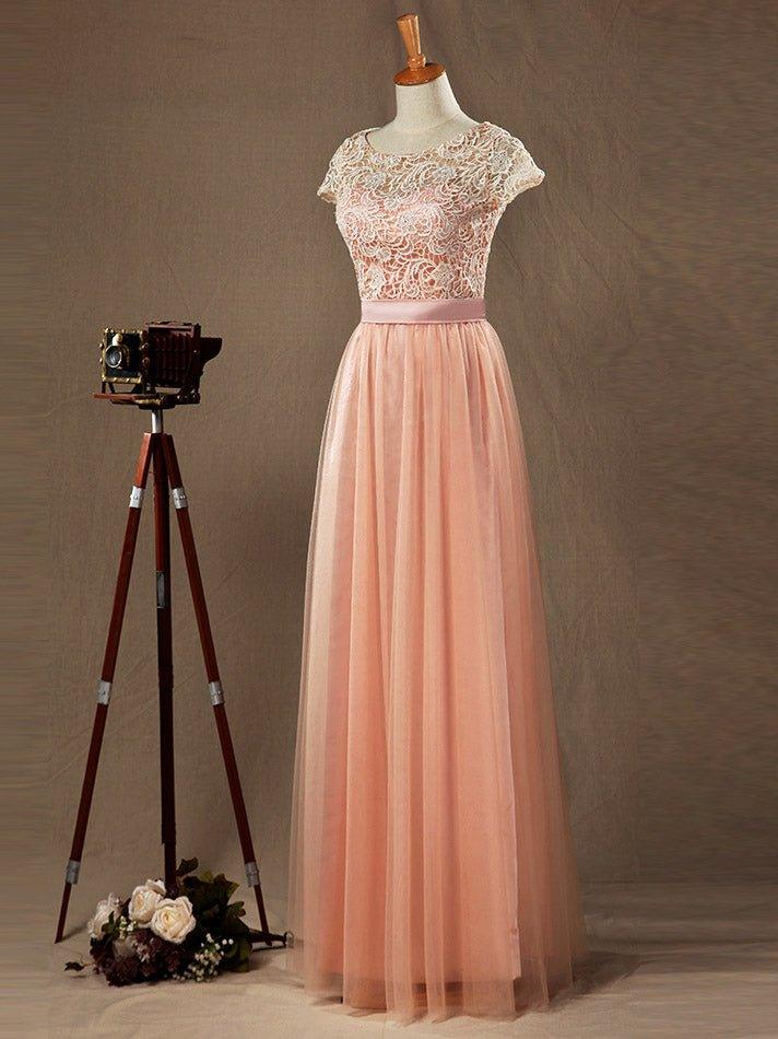 Numbersea Lace mix Tulle Bridesmaid Dress Jewel Neck A-line Short Sleeves Evening Dress