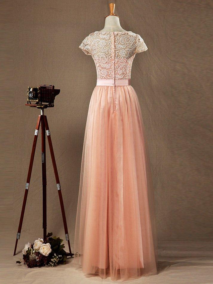 Numbersea Lace mix Tulle Bridesmaid Dress Jewel Neck A-line Short Sleeves Evening Dress