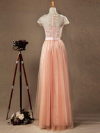 Numbersea Lace mix Tulle Bridesmaid Dress Jewel Neck A-line Short Sleeves Evening Dress