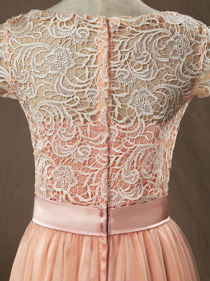 Numbersea Lace mix Tulle Bridesmaid Dress Jewel Neck A-line Short Sleeves Evening Dress