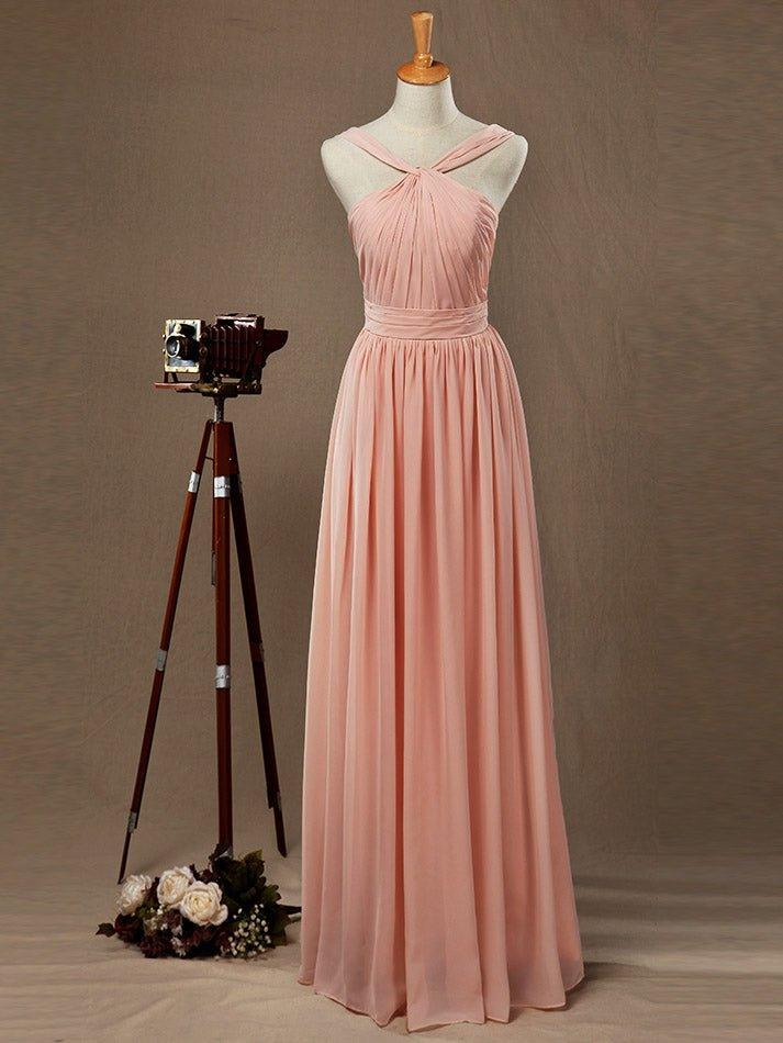 Chiffon Bridesmaid Dress A-Line Princess Double Straps Halter-neck Floor-length