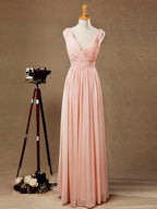 Chiffon Bridesmaid Dress A-Line/Princess Double Straps Deep V-neck V-back Floor-Length