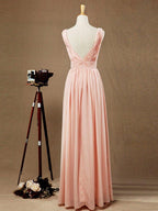 Chiffon Bridesmaid Dress A-Line/Princess Double Straps Deep V-neck V-back Floor-Length
