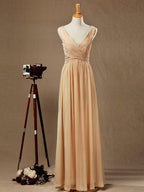 A-Line/Princess V-neck Floor-Length Chiffon Bridesmaid Dress with Criss Cross Ruching Pleats