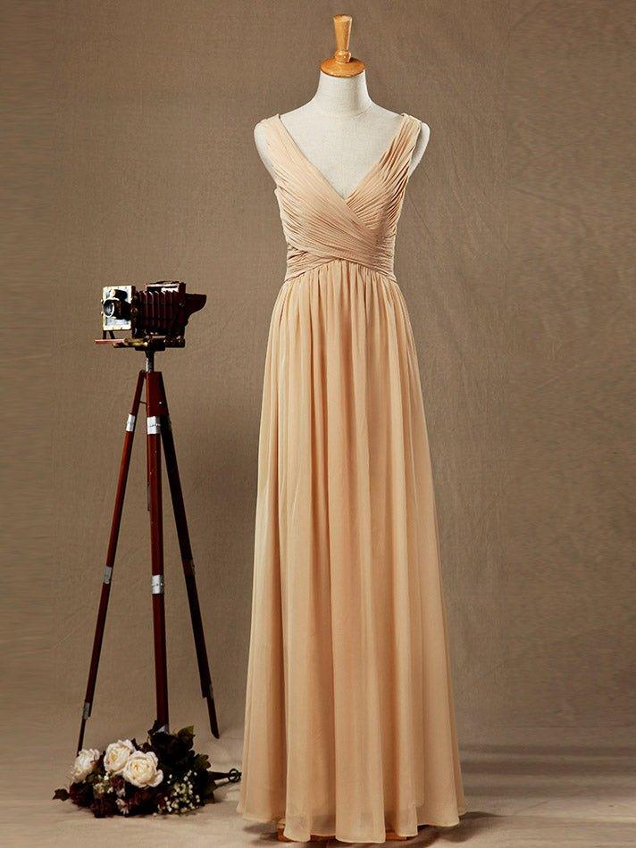 A-Line/Princess V-neck Floor-Length Chiffon Bridesmaid Dress with Criss Cross Ruching Pleats