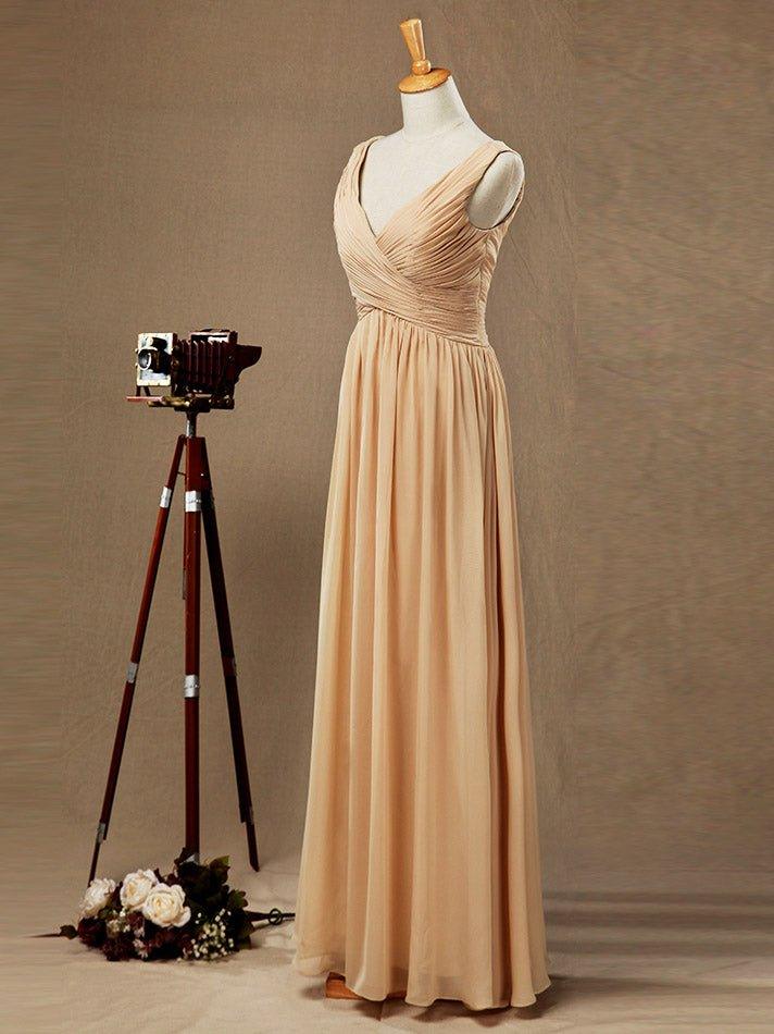A-Line/Princess V-neck Floor-Length Chiffon Bridesmaid Dress with Criss Cross Ruching Pleats
