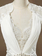 Sheath / Column Deep V-neck Cap Sleeves Chiffon match Lace Evening Dress See Through Back Buttons
