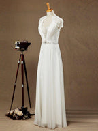 Sheath / Column Deep V-neck Cap Sleeves Chiffon match Lace Evening Dress See Through Back Buttons