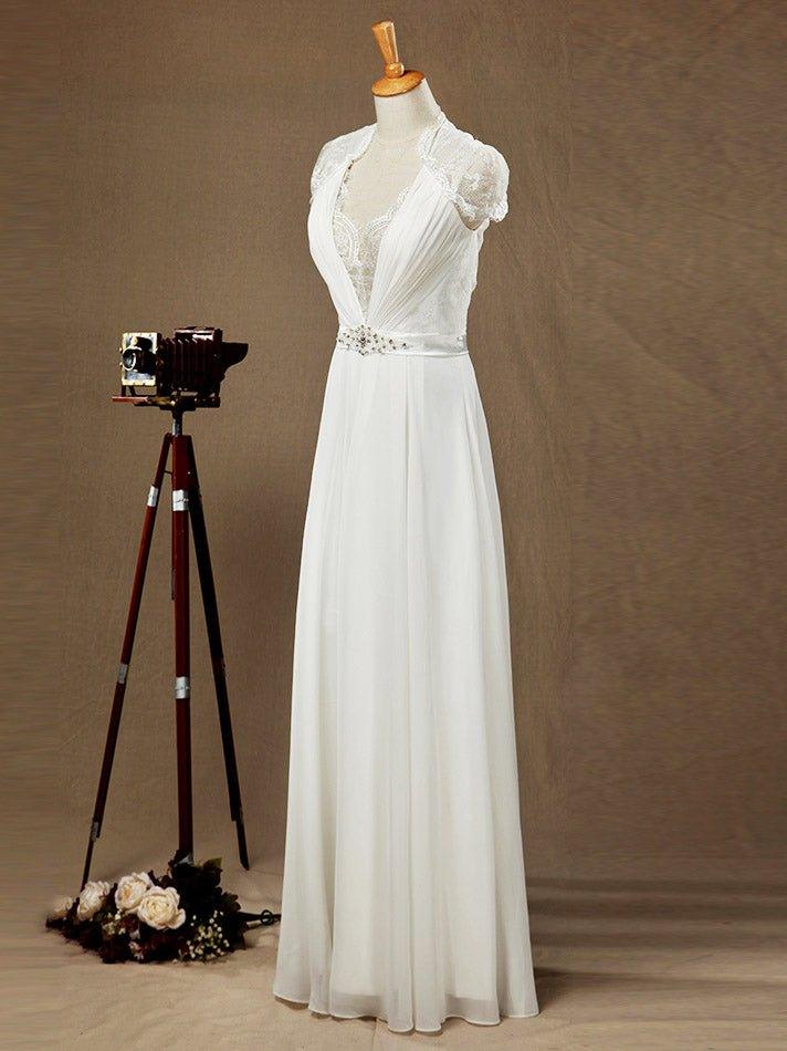 Sheath / Column Deep V-neck Cap Sleeves Chiffon match Lace Evening Dress See Through Back Buttons