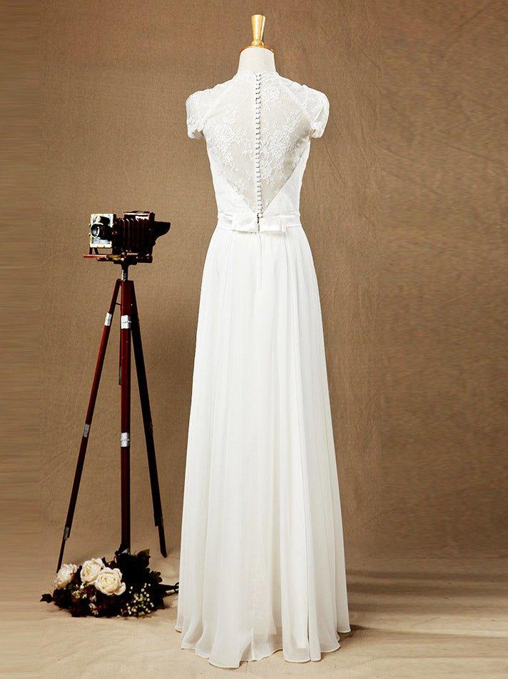 Sheath / Column Deep V-neck Cap Sleeves Chiffon match Lace Evening Dress See Through Back Buttons