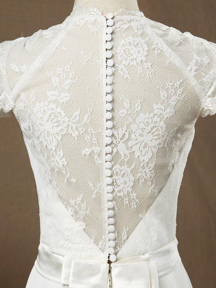 Sheath / Column Deep V-neck Cap Sleeves Chiffon match Lace Evening Dress See Through Back Buttons