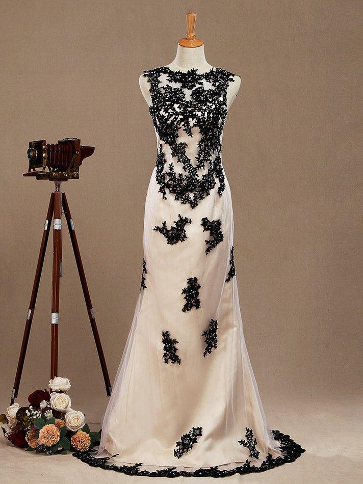 Numbersea Mermaid / Trumpet Jewel Neck Tulle Prom Formal Evening Dress with Lace Appliques Open Back