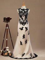 Numbersea Mermaid / Trumpet Jewel Neck Tulle Prom Formal Evening Dress with Lace Appliques Open Back