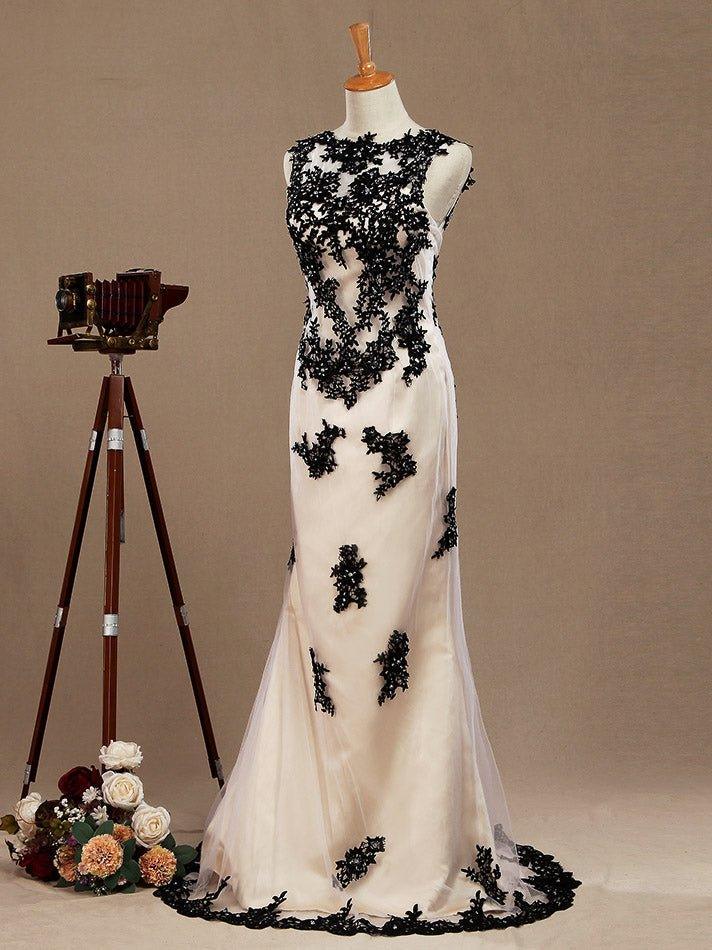 Numbersea Mermaid / Trumpet Jewel Neck Tulle Prom Formal Evening Dress with Lace Appliques Open Back