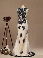Numbersea Mermaid / Trumpet Jewel Neck Tulle Prom Formal Evening Dress with Lace Appliques Open Back