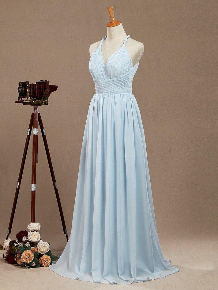 A-Line V-neck Halter Chiffon Floor Length Prom Formal Party Evening Dress Sexy Open Back