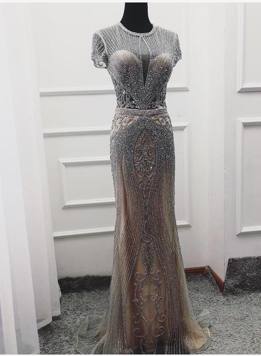 IN STOCK  Luxury Cap Sleeve full diamond O-Neck Mermaid Evening Dresses Design Beading Evening Gowns Plus Size LA60742