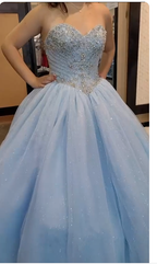 Glitter Light Blue Corset Top Beaded Ball Gown, Light Blue Sweet Girl Dresses Beaded Ball Gown Y774