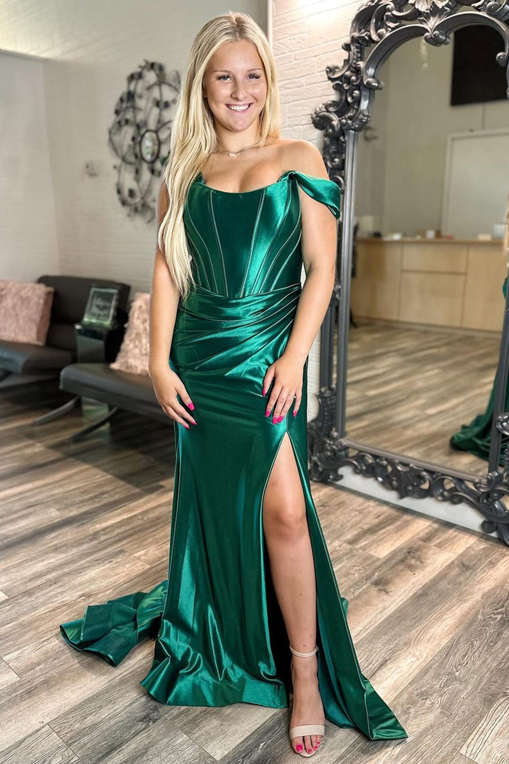 Off the Shoulder Satin Ruched Mermaid Long Corset Prom Dress with Slit