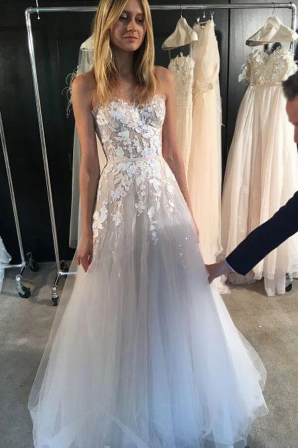 Ivory Strapless A-line Tulle Lace Sweetheart Wedding Dresses, Bridal Gowns