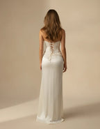 Strapless Satin Prom Dresses with Lace Trim Corset Lace Up Back Twist Waist Front Slit for Prom and Wedding
