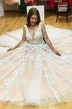 Tulle Lace A-line V-neck Beaded Wedding Dresses, Prom Dresses