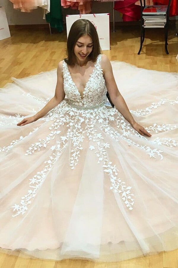 Tulle Lace A-line V-neck Beaded Wedding Dresses, Prom Dresses
