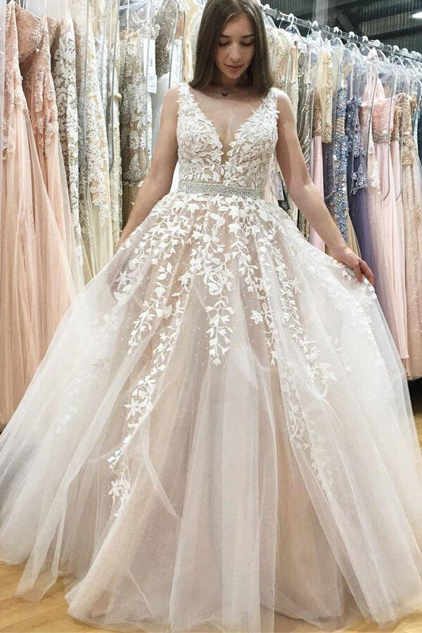 Tulle Lace A-line V-neck Beaded Wedding Dresses, Prom Dresses