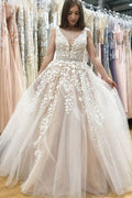Tulle Lace A-line V-neck Beaded Wedding Dresses, Prom Dresses