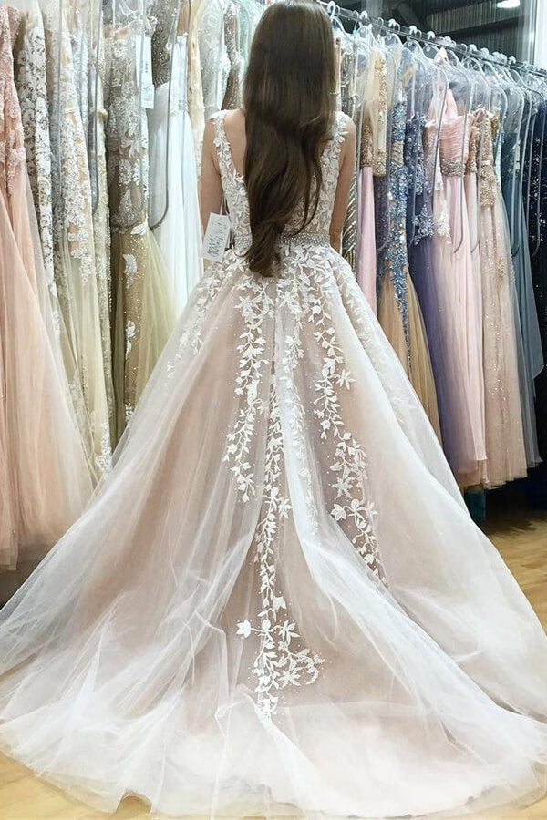 Tulle Lace A-line V-neck Beaded Wedding Dresses, Prom Dresses