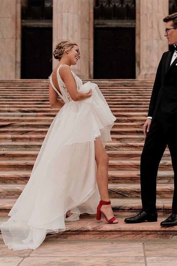 Ivory Tulle Lace A-line V-neck Wedding Dresses With Pearls, Bridal Gown