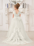 A-line Lace Tulle Sweep Train Pink Flower Girl Dress
