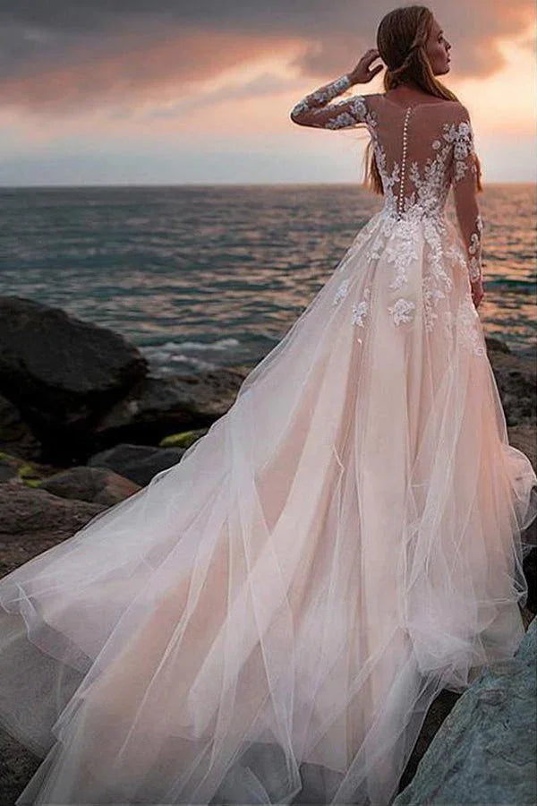 Tulle Beach Wedding Dress with Illusion Lace Long Sleeves
