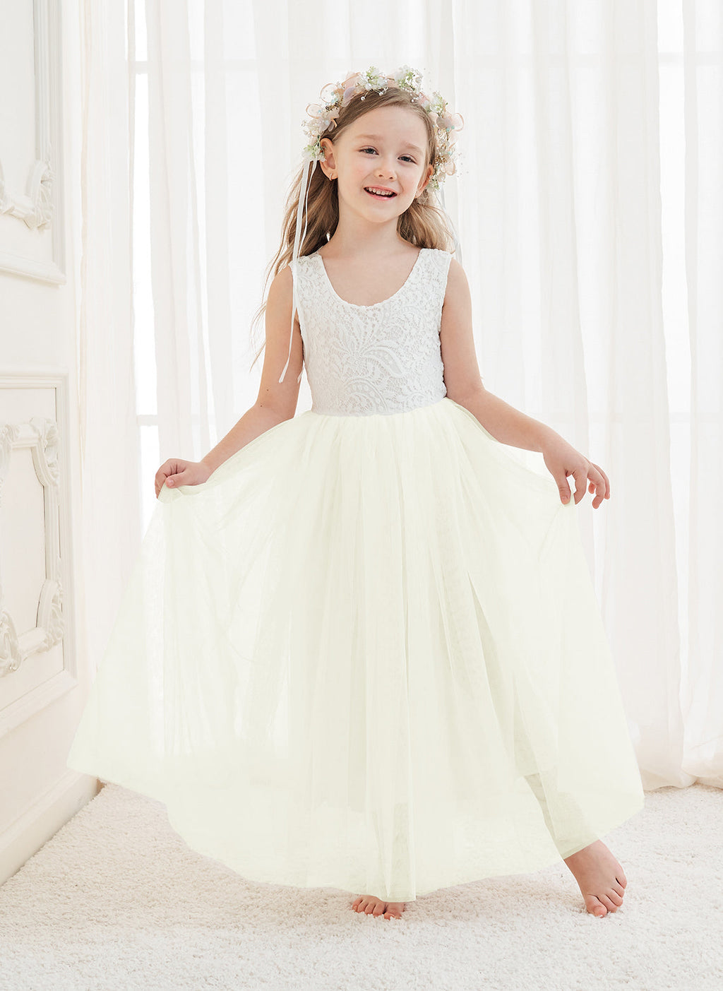 A-line Lace Tulle Ankle-length White Dress (2003227597)