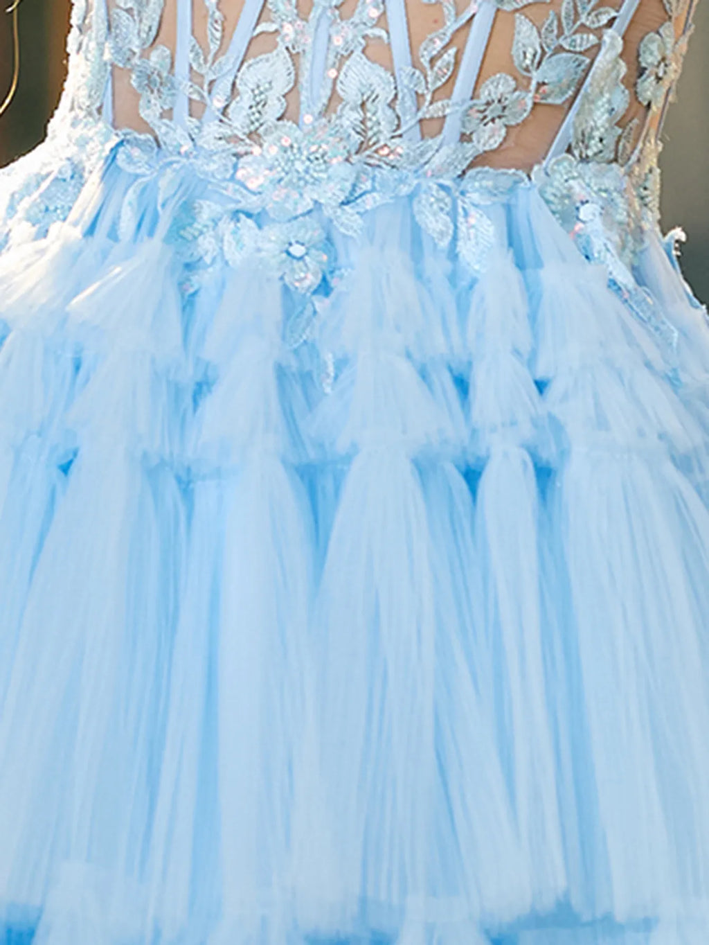 Flower Appliqued Corset Top Lace Layered Tiered Ball Gown Prom Dress