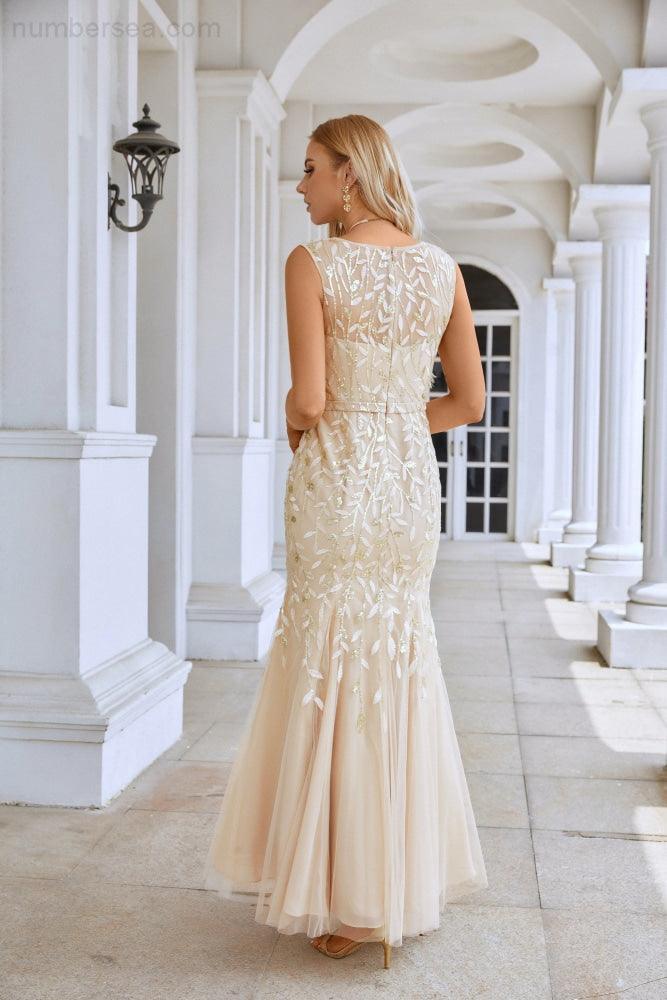 Ladies V Neck Embroidery Sleeveless Floor Length Mermaid Bridesmaid Evening Dress Wedding Party Prom Evening Dress 28110