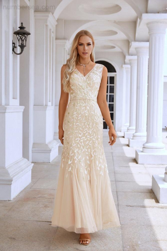 Ladies V Neck Embroidery Sleeveless Floor Length Mermaid Bridesmaid Evening Dress Wedding Party Prom Evening Dress 28110