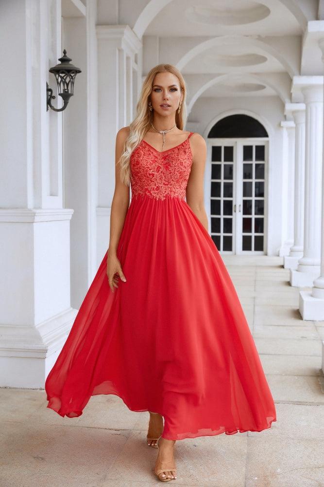 Ladies Spaghetti Strap V Neck Lace Floor Length  Evening Dress Dress 28111