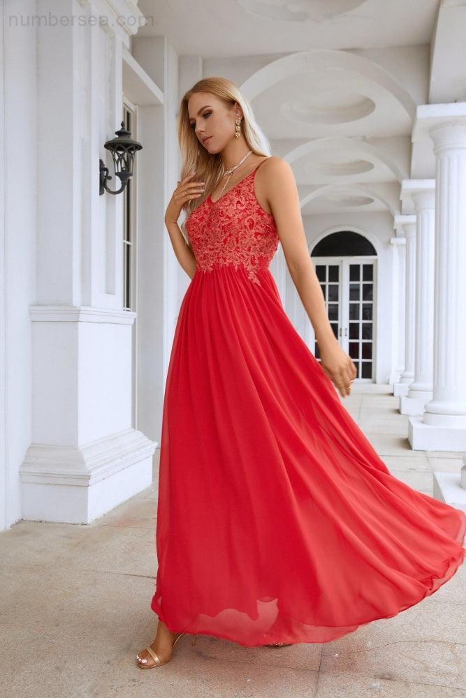 Ladies Spaghetti Strap V Neck Lace Floor Length  Evening Dress Dress 28111