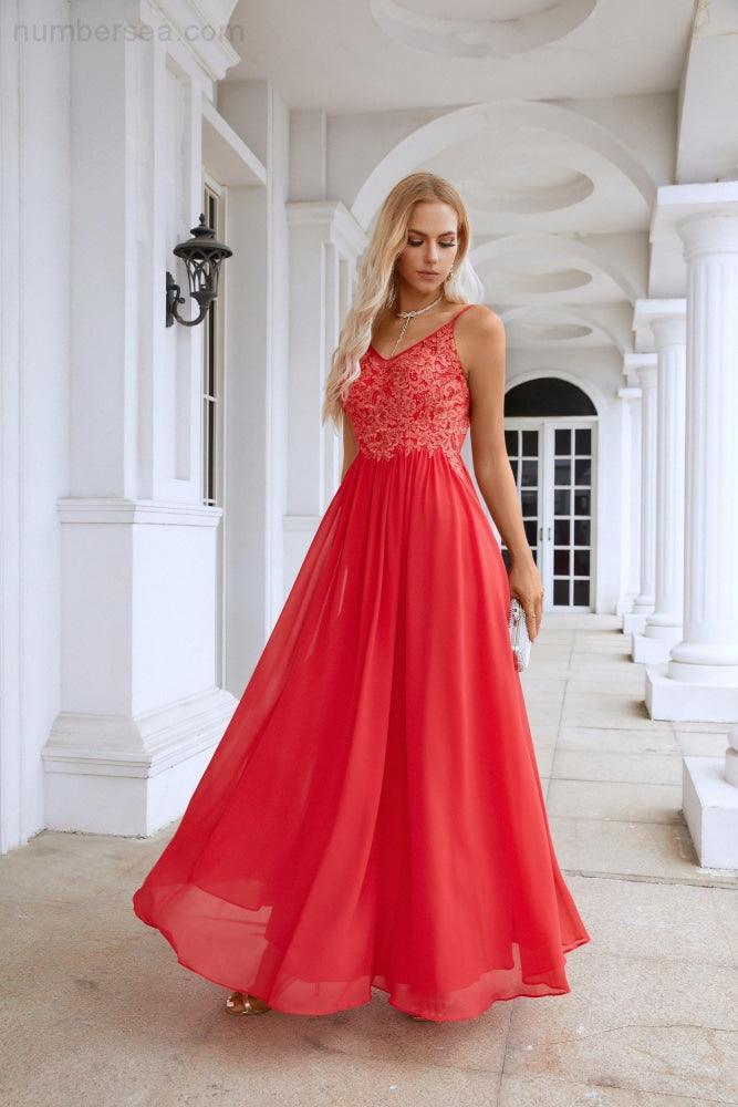 Ladies Spaghetti Strap V Neck Lace Floor Length  Evening Dress Dress 28111