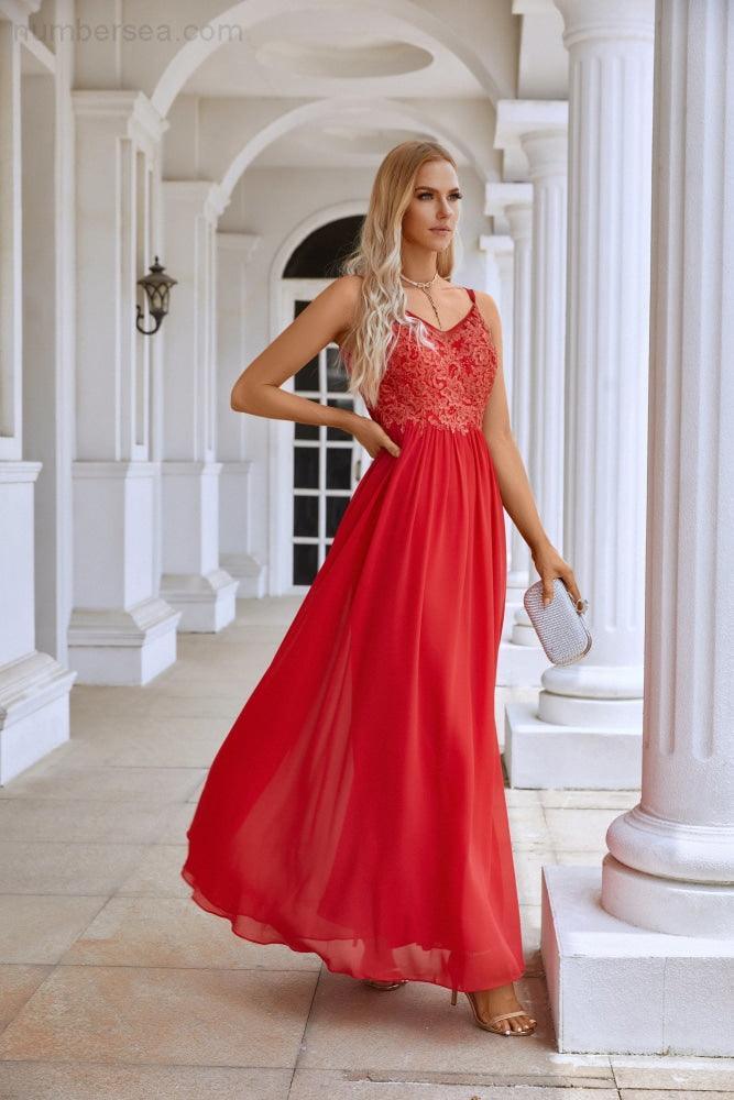 Ladies Spaghetti Strap V Neck Lace Floor Length  Evening Dress Dress 28111