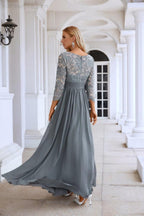 Ladies Round Neck Long Sleeve Lace Chiffon Bridesmaid Evening Dress Prom Wedding Evening Dress 28114