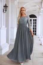 Ladies Round Neck Long Sleeve Lace Chiffon Bridesmaid Evening Dress Prom Wedding Evening Dress 28114