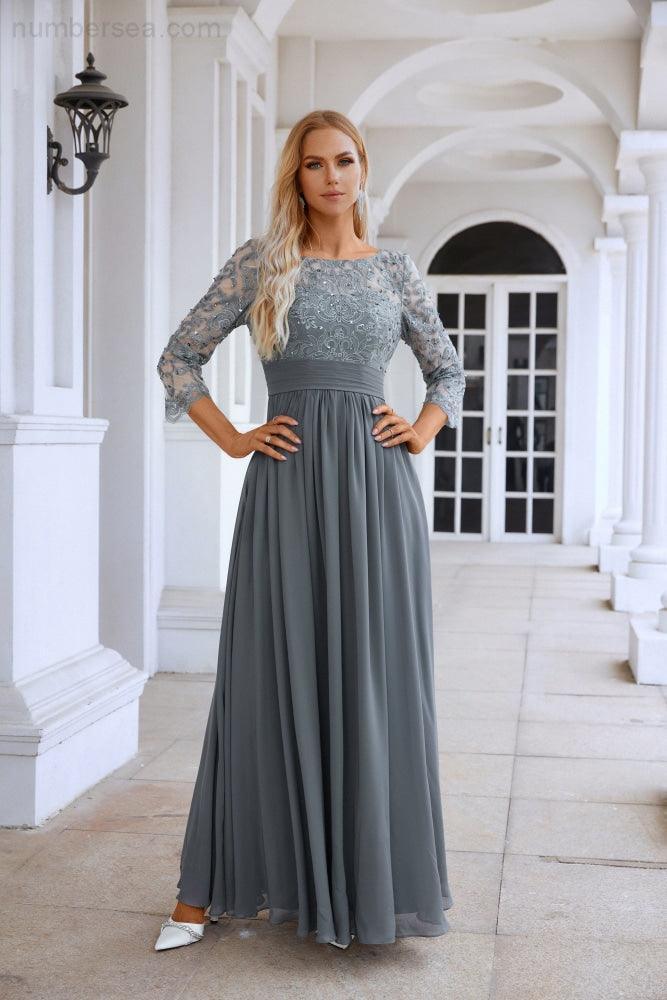 Ladies Round Neck Long Sleeve Lace Chiffon Bridesmaid Evening Dress Prom Wedding Evening Dress 28114