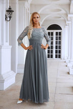 Ladies Round Neck Long Sleeve Lace Chiffon Bridesmaid Evening Dress Prom Wedding Evening Dress 28114